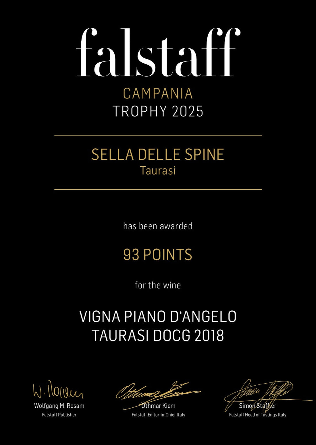 Falstaff Campania Trophy 2025: 93 punti al nostro Taurasi DOCG “Vigna Piano d’Angelo” 2018